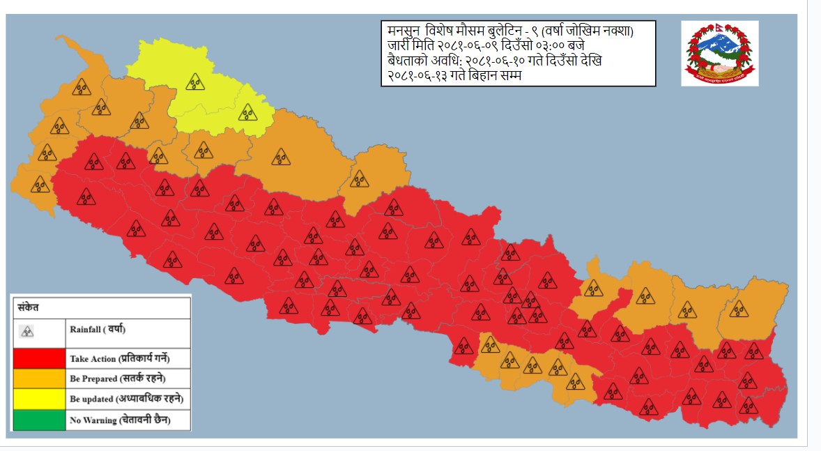 बिहीबारदेखि आइतबारसम्म पानी पर्ने, राती सुरक्षित रहन मौसम पूर्वानुमान महाशाखाको चेतावनी