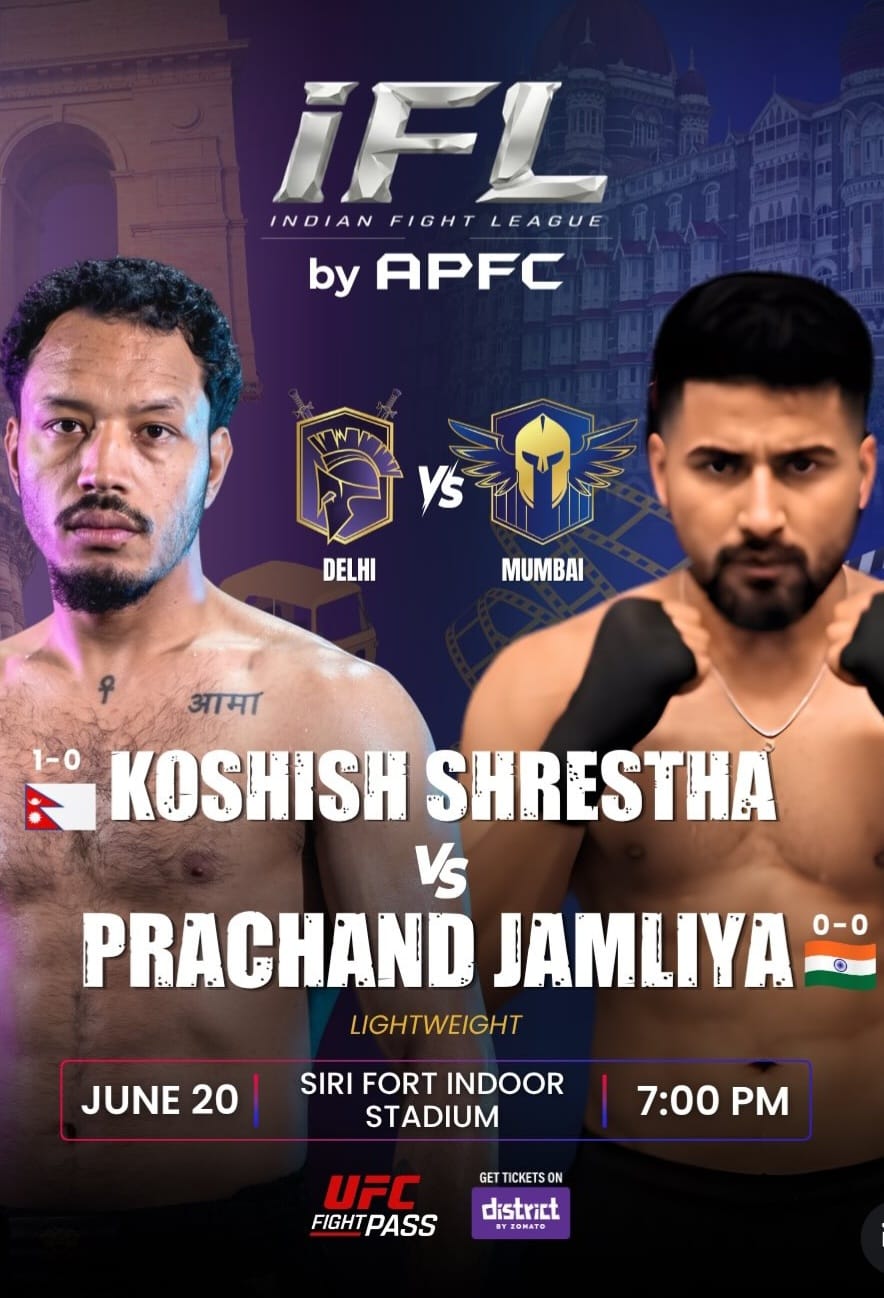 इन्डियन इन्टरनेसनल फाइट लिगमा दिल्ली टिमबाट प्रतिस्पर्धा गर्दै नेपाली एमएमए खेलाडी कोशिश श्रेष्ठ